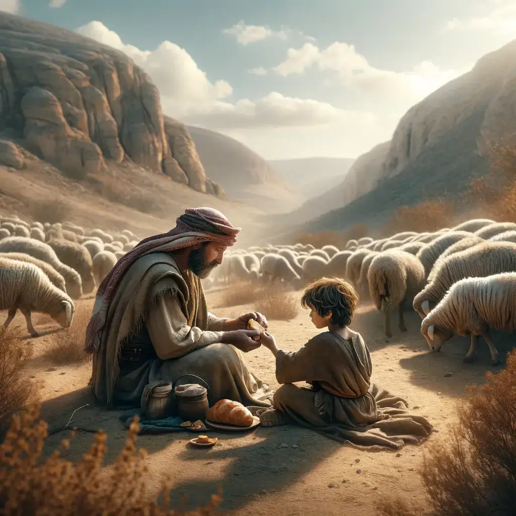 A Shepherd and a child share bread